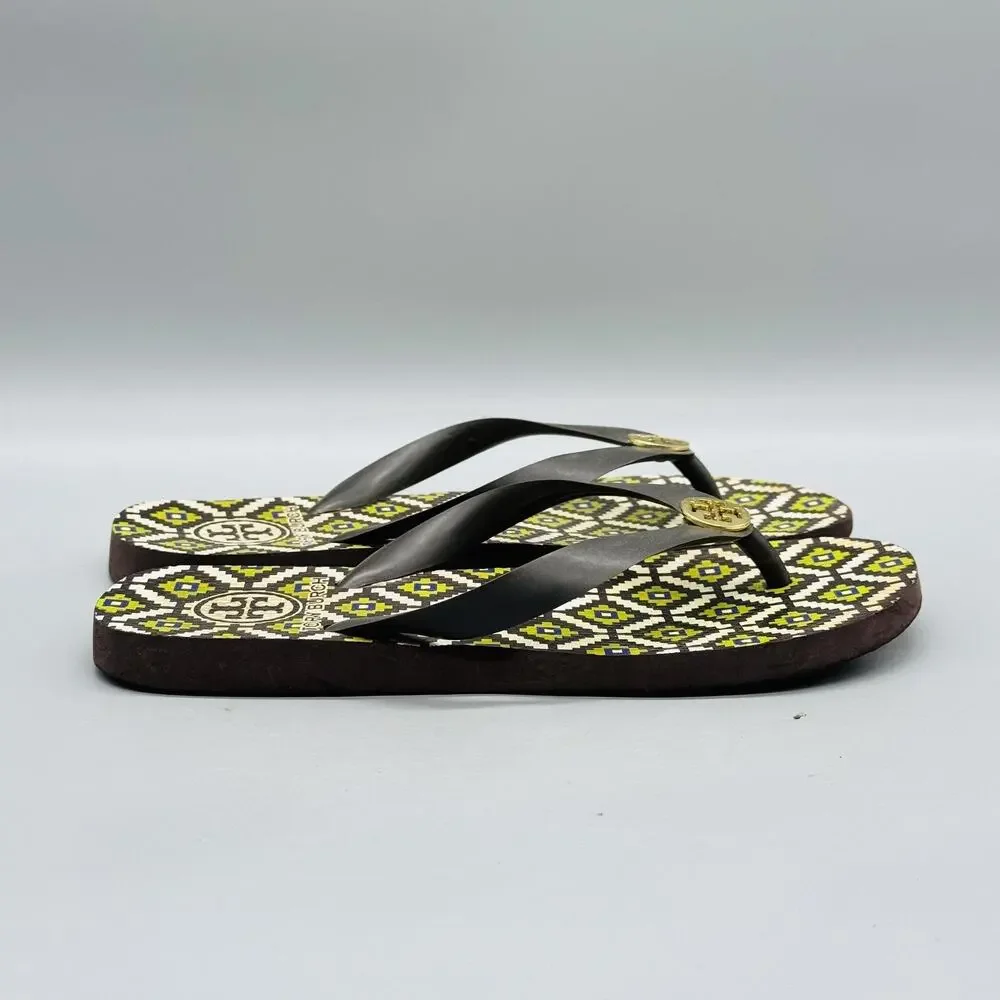 Tory Burch Sandals Womens 6 Multicolor Rubber Flip Flop Geometric Logo Shoes
